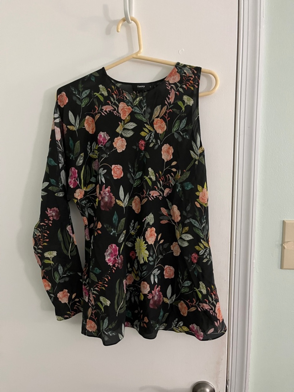 Theory Black Floral Long-Sleeve Silk-Feel Blouse